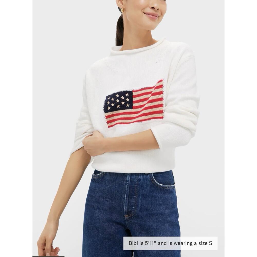 NWT Tuckernuck Ivory Cotton Rollneck Americana Sweater American Flag XL FLAW